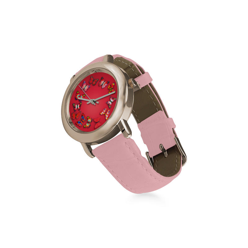 Novelty Red Butterflies Women's Rose Gold Leather Strap Watch(Model 201)