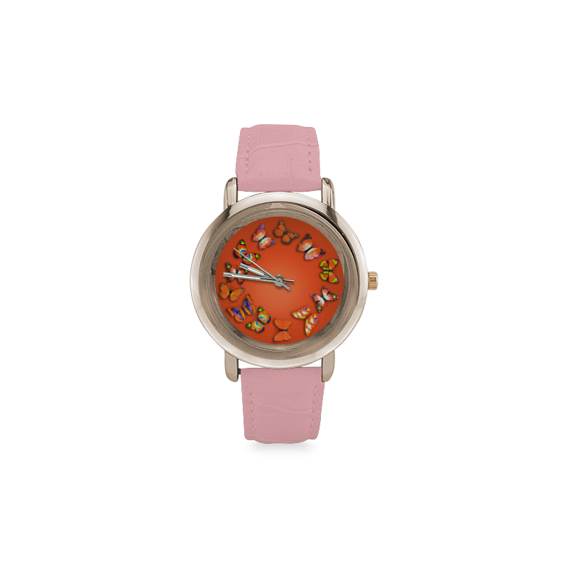 Novelty Orange Butterflies Women's Rose Gold Leather Strap Watch(Model 201)