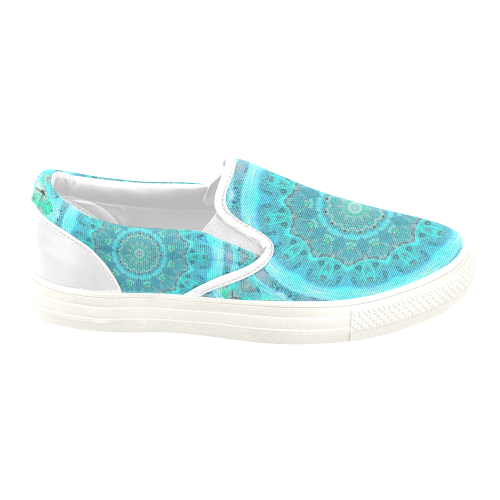Teal Cyan Ocean Abstract Modern Lace Lattice Women's Unusual Slip-on Canvas Shoes (Model 019)