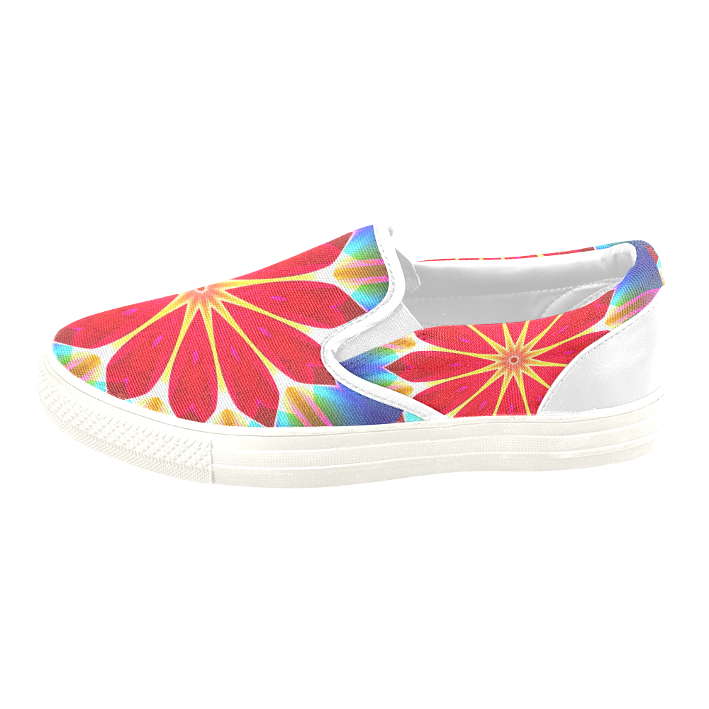 Blue Ice Flowers Red Abstract Modern Petals Zen Women's Unusual Slip-on Canvas Shoes (Model 019)