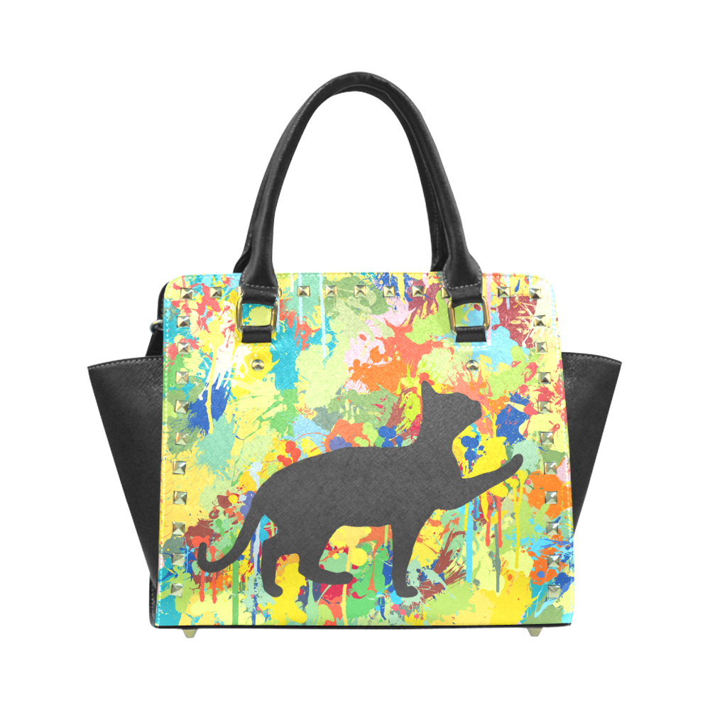 Lovely Black Cat Colorful Splash Complet Rivet Shoulder Handbag (Model 1645)