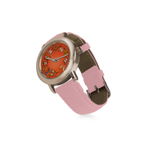 Novelty Orange Butterflies Women's Rose Gold Leather Strap Watch(Model 201)