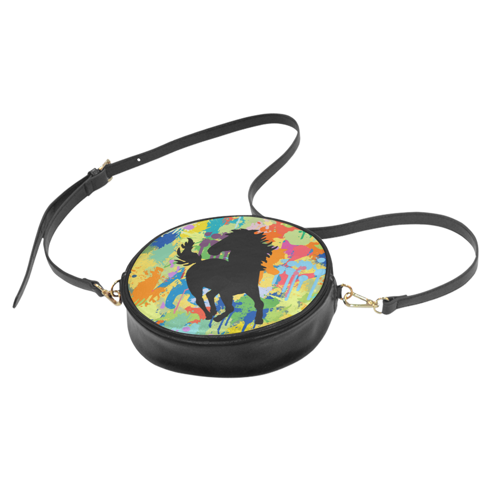 Horse Black Shape Template Colorful Splat Round Sling Bag (Model 1647)