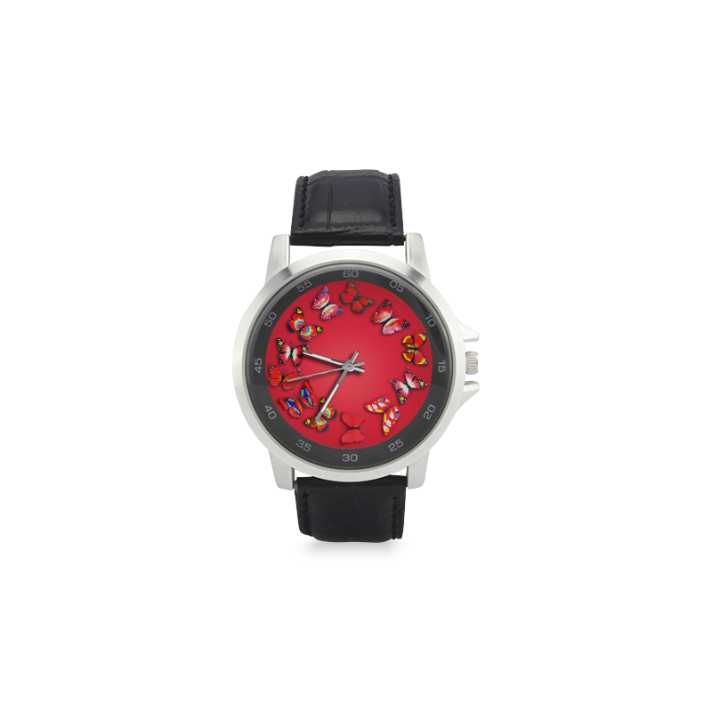 Novelty Red Butterflies Unisex Stainless Steel Leather Strap Watch(Model 202)