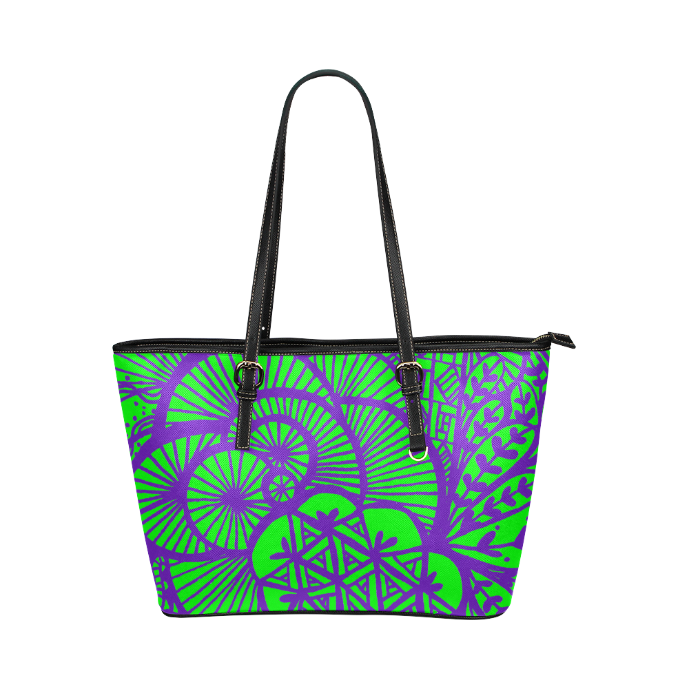 Purple Abstract on Bright Green Leather Tote Bag/Small (Model 1651)