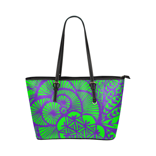 Purple Abstract on Bright Green Leather Tote Bag/Small (Model 1651)