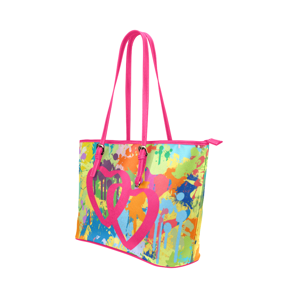 Love Pink Hearts Colorful Splat Design Leather Tote Bag/Large (Model 1651)