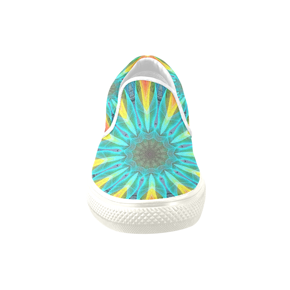 Aqua Gold Joy to the World Flowers, Zen Rainbow Women's Unusual Slip-on Canvas Shoes (Model 019)
