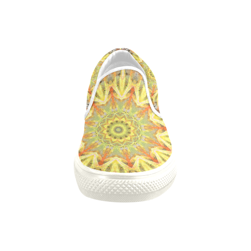 Golden Feathers Orange Flames Abstract Lattice Women's Unusual Slip-on Canvas Shoes (Model 019)