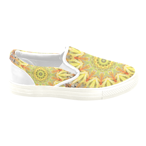 Golden Feathers Orange Flames Abstract Lattice Women's Unusual Slip-on Canvas Shoes (Model 019)