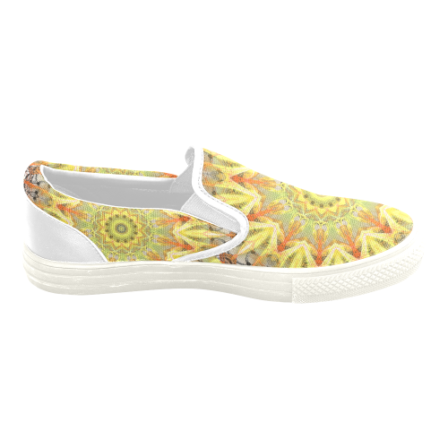 Golden Feathers Orange Flames Abstract Lattice Women's Unusual Slip-on Canvas Shoes (Model 019)