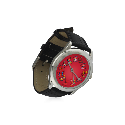 Novelty Red Butterflies Women's Classic Leather Strap Watch(Model 203)