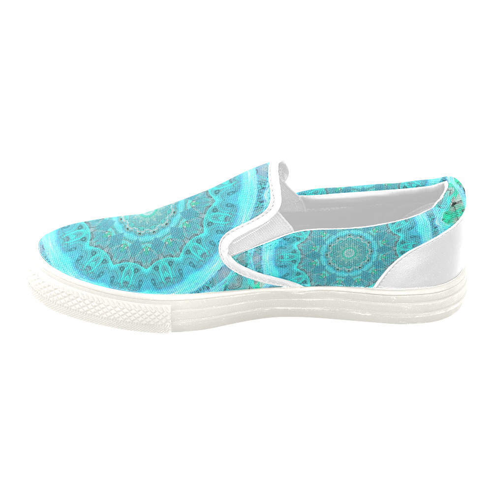 Teal Cyan Ocean Abstract Modern Lace Lattice Women's Unusual Slip-on Canvas Shoes (Model 019)