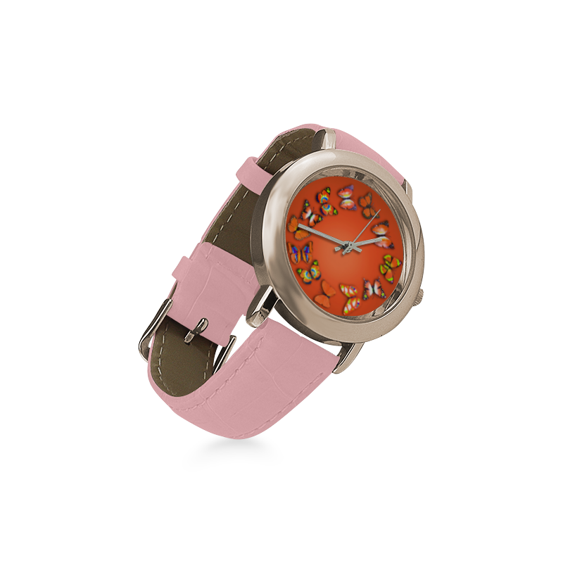 Novelty Orange Butterflies Women's Rose Gold Leather Strap Watch(Model 201)