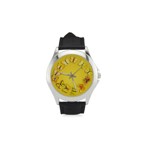 Novelty Yellow Butterflies Women's Classic Leather Strap Watch(Model 203)