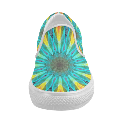 Aqua Gold Joy to the World Flowers, Zen Rainbow Women's Slip-on Canvas Shoes (Model 019)
