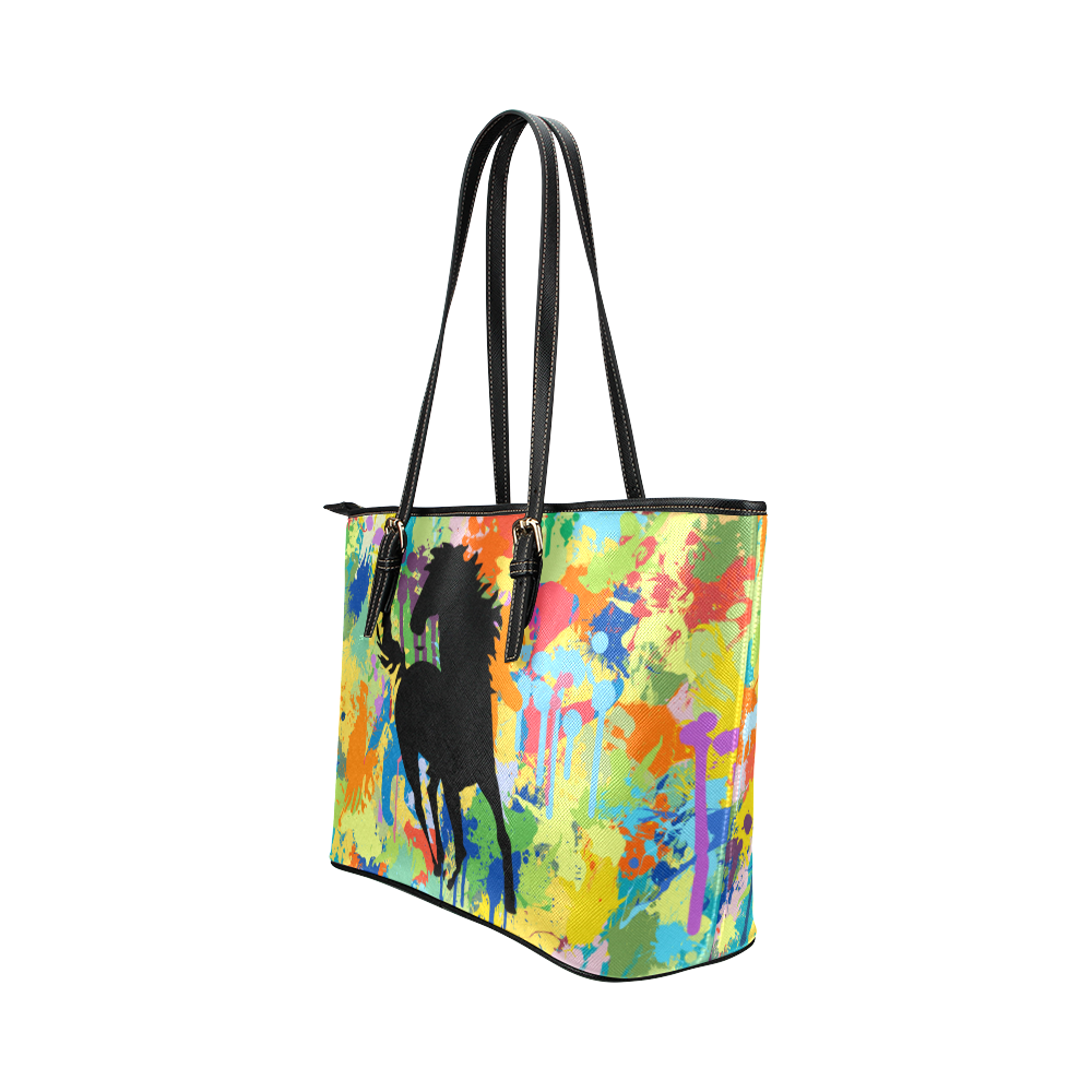 Horse Black Shape Template Colorful Splat Leather Tote Bag/Large (Model 1651)