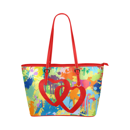 Love Red Hearts Colorful Splat Design Leather Tote Bag/Large (Model 1651)