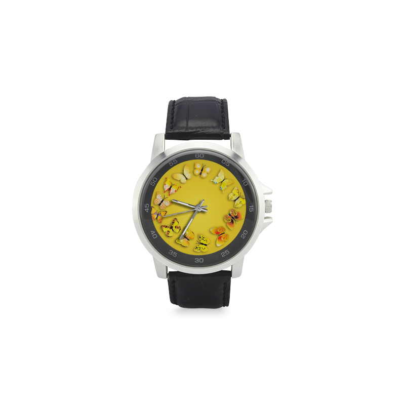 Novelty Yellow Butterflies Unisex Stainless Steel Leather Strap Watch(Model 202)