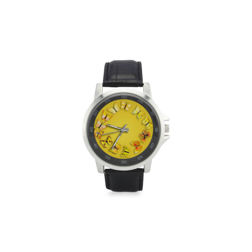 Novelty Yellow Butterflies Unisex Stainless Steel Leather Strap Watch(Model 202)