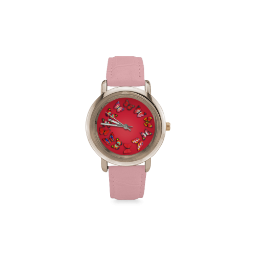 Novelty Red Butterflies Women's Rose Gold Leather Strap Watch(Model 201)