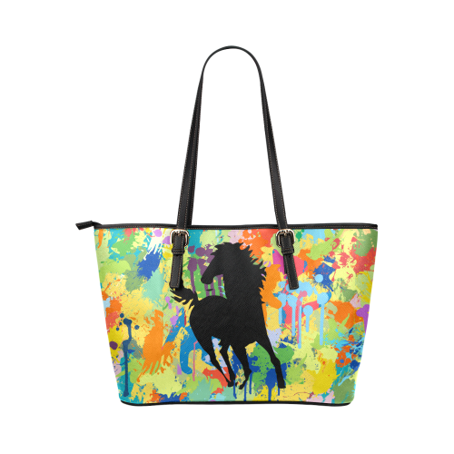 Horse Black Shape Template Colorful Splat Leather Tote Bag/Large (Model 1651)