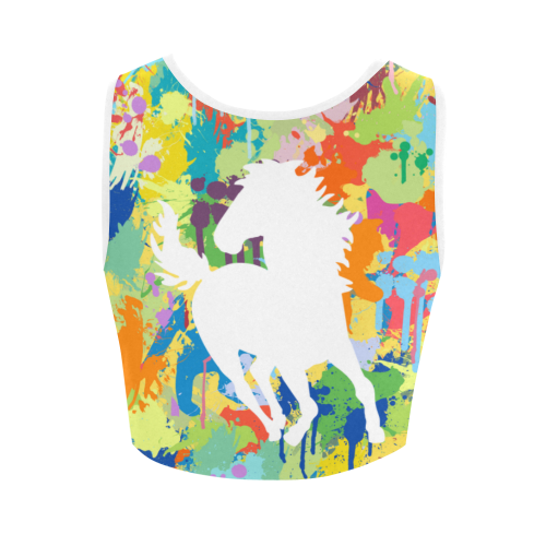 White Horse Shape Backside Colorful Splat Women's Crop Top (Model T42)