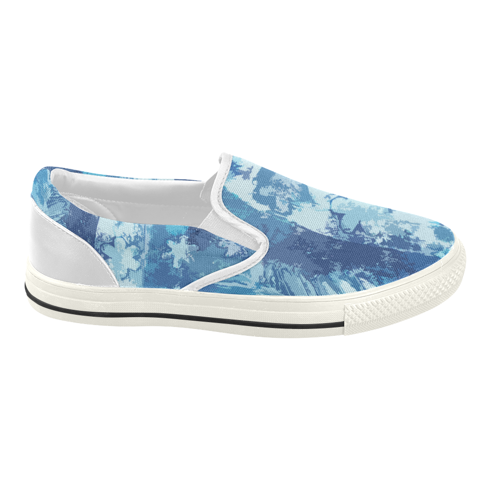 Blue and White Stars Flowers Gel Print II Women's Slip-on Canvas Shoes (Model 019)