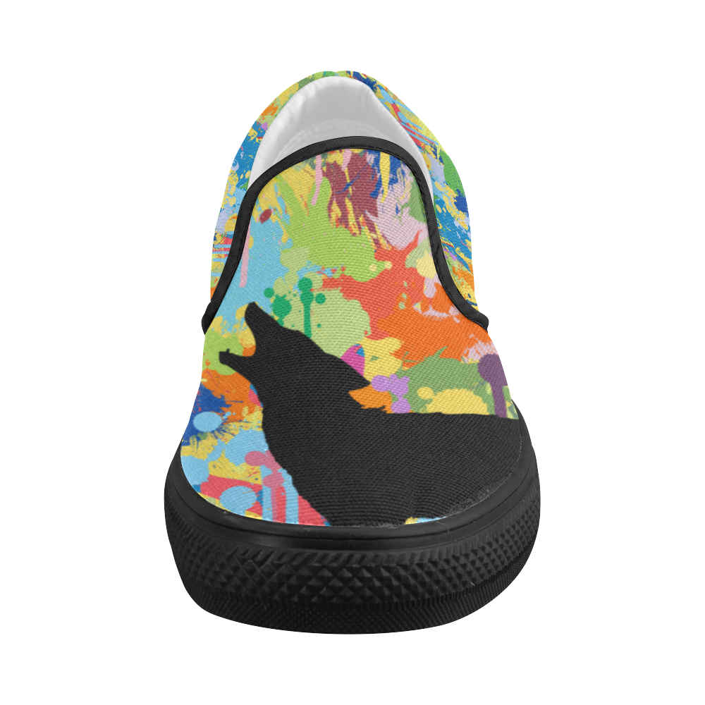 Wolf Black Shape Colorful Splash Complete Women's Slip-on Canvas Shoes (Model 019)