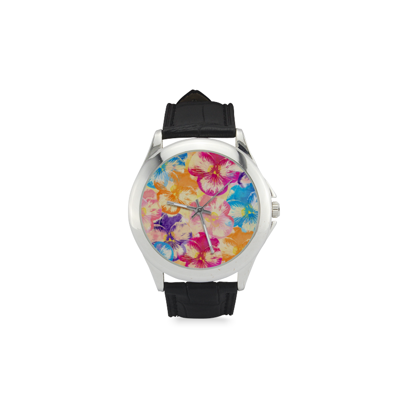 Pansy flowers Women's Classic Leather Strap Watch(Model 203)