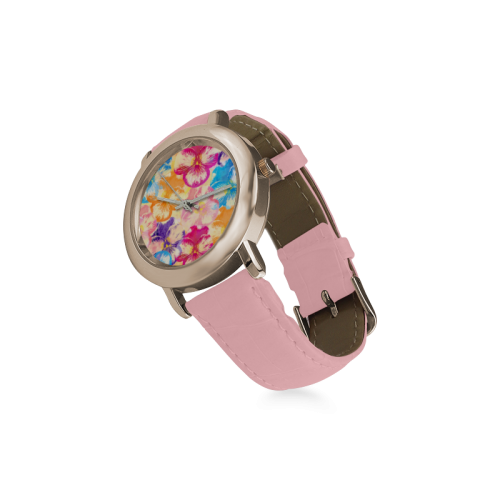 Pansy flowers Women's Rose Gold Leather Strap Watch(Model 201)