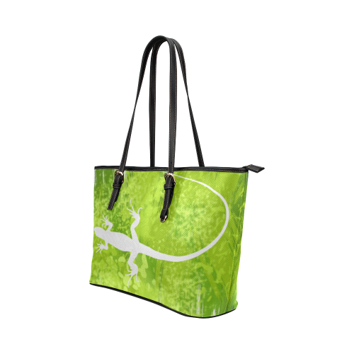 Green Lizard Shape Painting White Leather Tote Bag/Large (Model 1651)