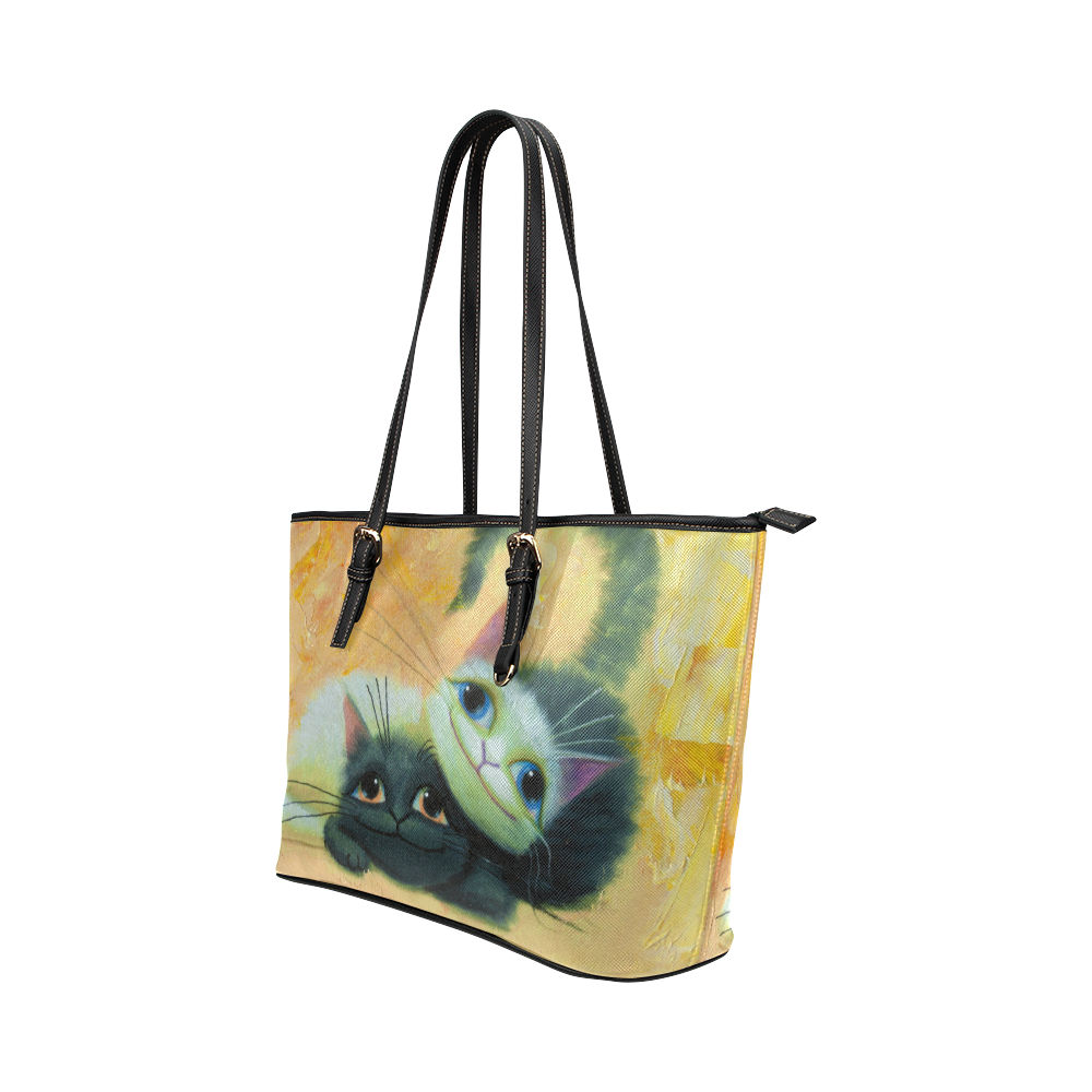 cat play Leather Tote Bag/Small (Model 1651)