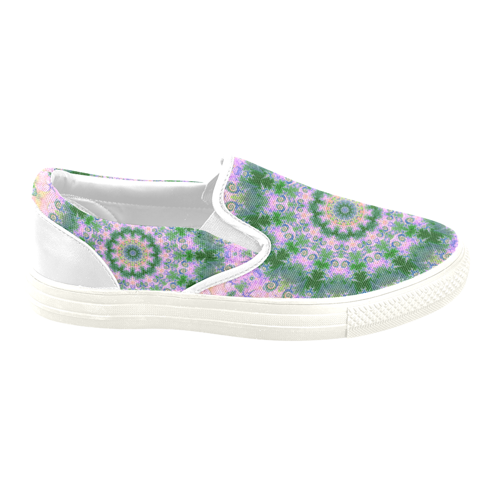 Rose Pink Green Explosion of Flowers Mandala Men's Unusual Slip-on Canvas Shoes (Model 019)