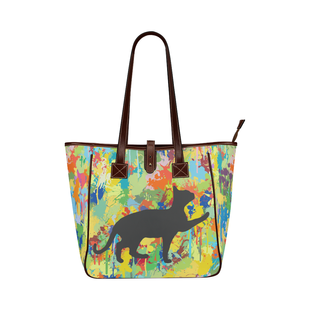 Black Cat Shape Colorful Splash Classic Tote Bag (Model 1644)