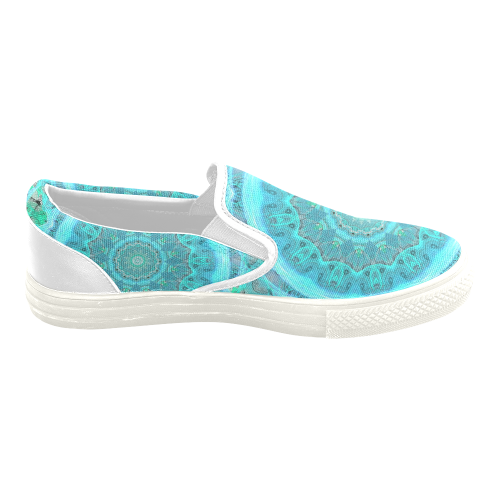 Teal Cyan Ocean Abstract Modern Lace Lattice Men's Unusual Slip-on Canvas Shoes (Model 019)
