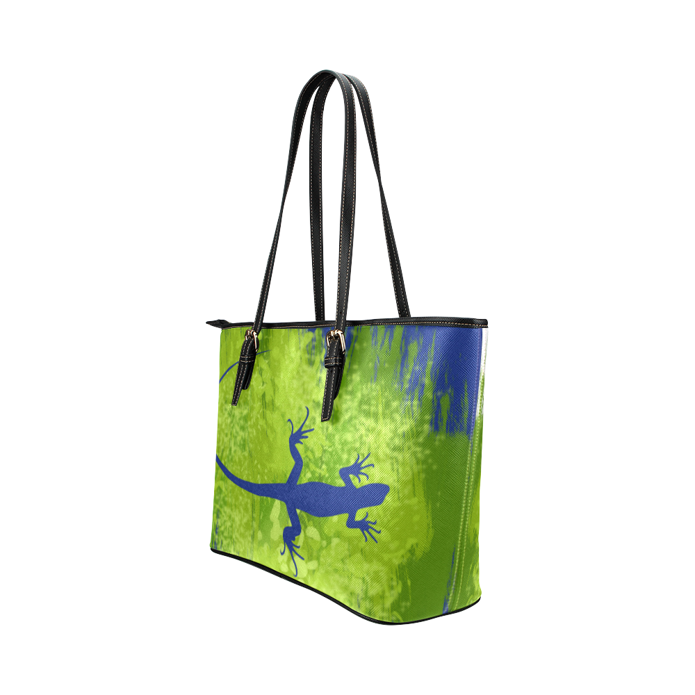 Green Lizard Shape Painting White Leather Tote Bag/Large (Model 1651)