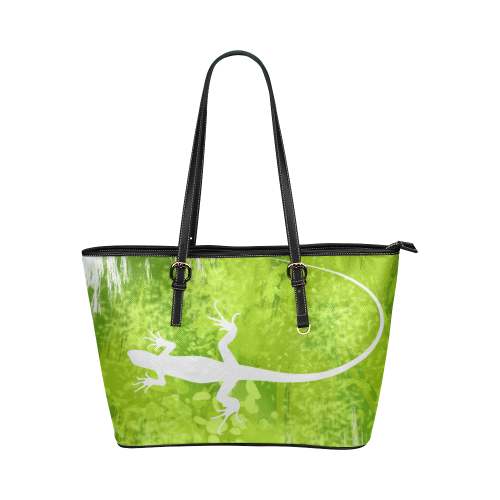 Green Lizard Shape Painting White Leather Tote Bag/Large (Model 1651)