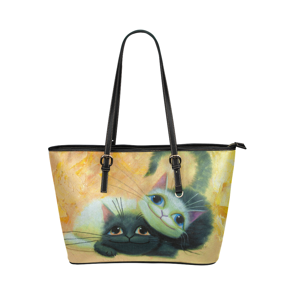 cat play Leather Tote Bag/Small (Model 1651)