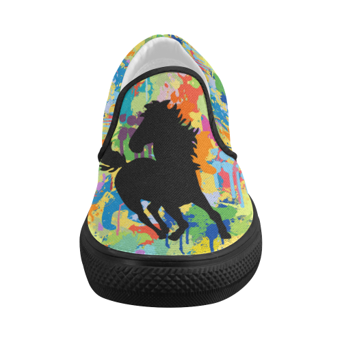 Horse Black Shape Colorful Splash Design Women's Slip-on Canvas Shoes (Model 019)