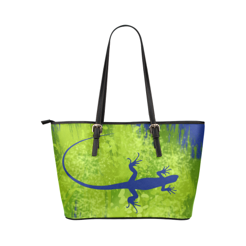 Green Lizard Shape Painting White Leather Tote Bag/Large (Model 1651)