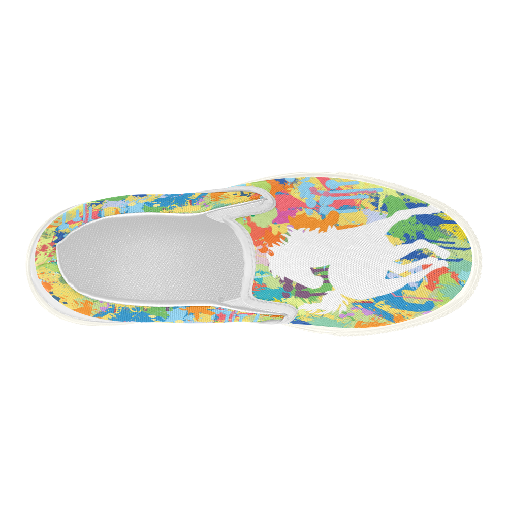 White Horse Shape Colorful Splash Design your Backgr Women's Slip-on Canvas Shoes (Model 019)