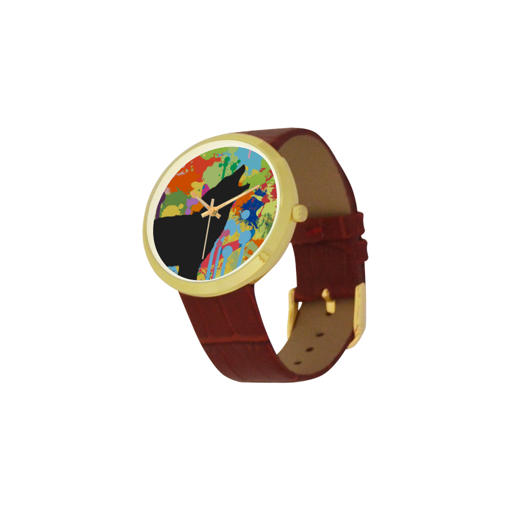 Wolf Black Shape Colorful Splash Y Background Women's Golden Leather Strap Watch(Model 212)