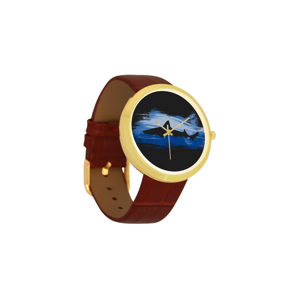 Shark Shape Blue Painting Women's Golden Leather Strap Watch(Model 212)