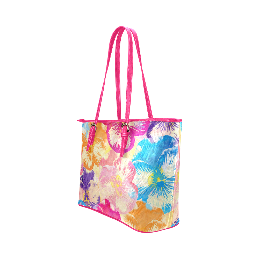 Pansy flowers Leather Tote Bag/Large (Model 1651)