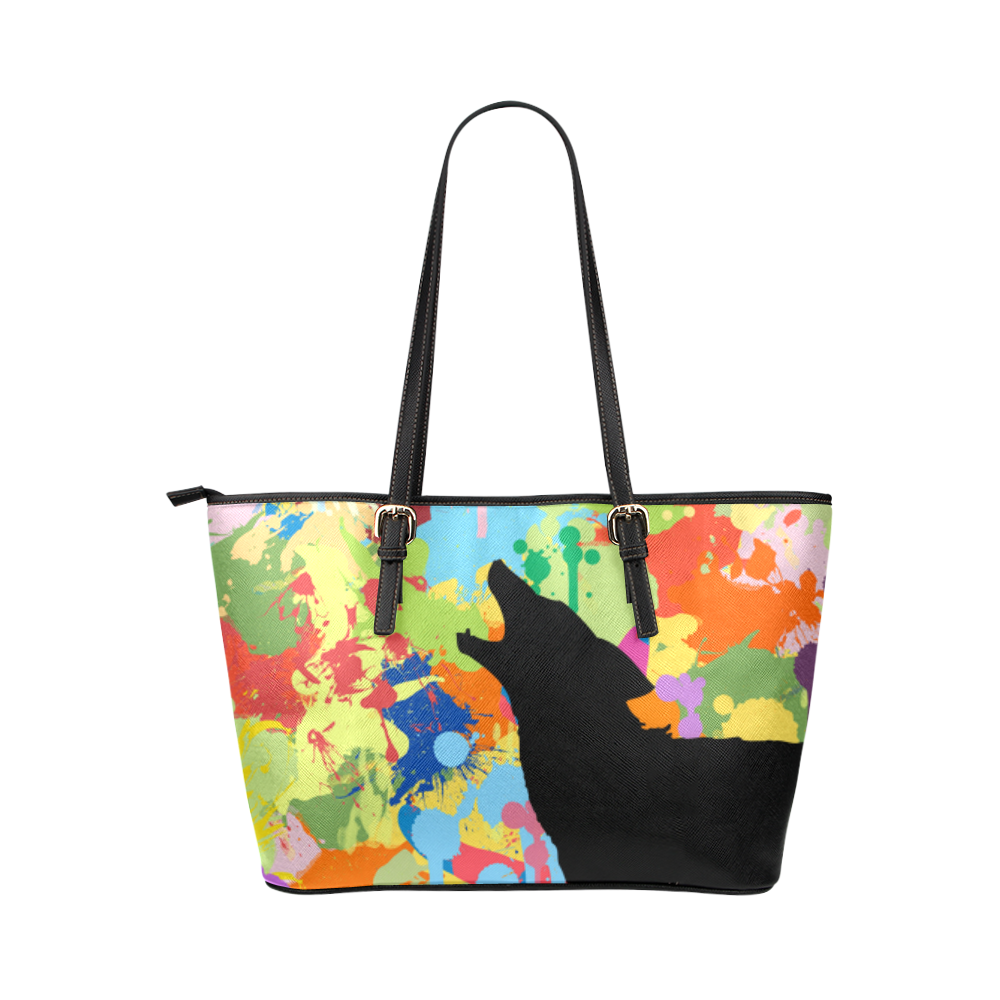 Black Wolf Shape Colorful Splash Leather Tote Bag/Large (Model 1651)