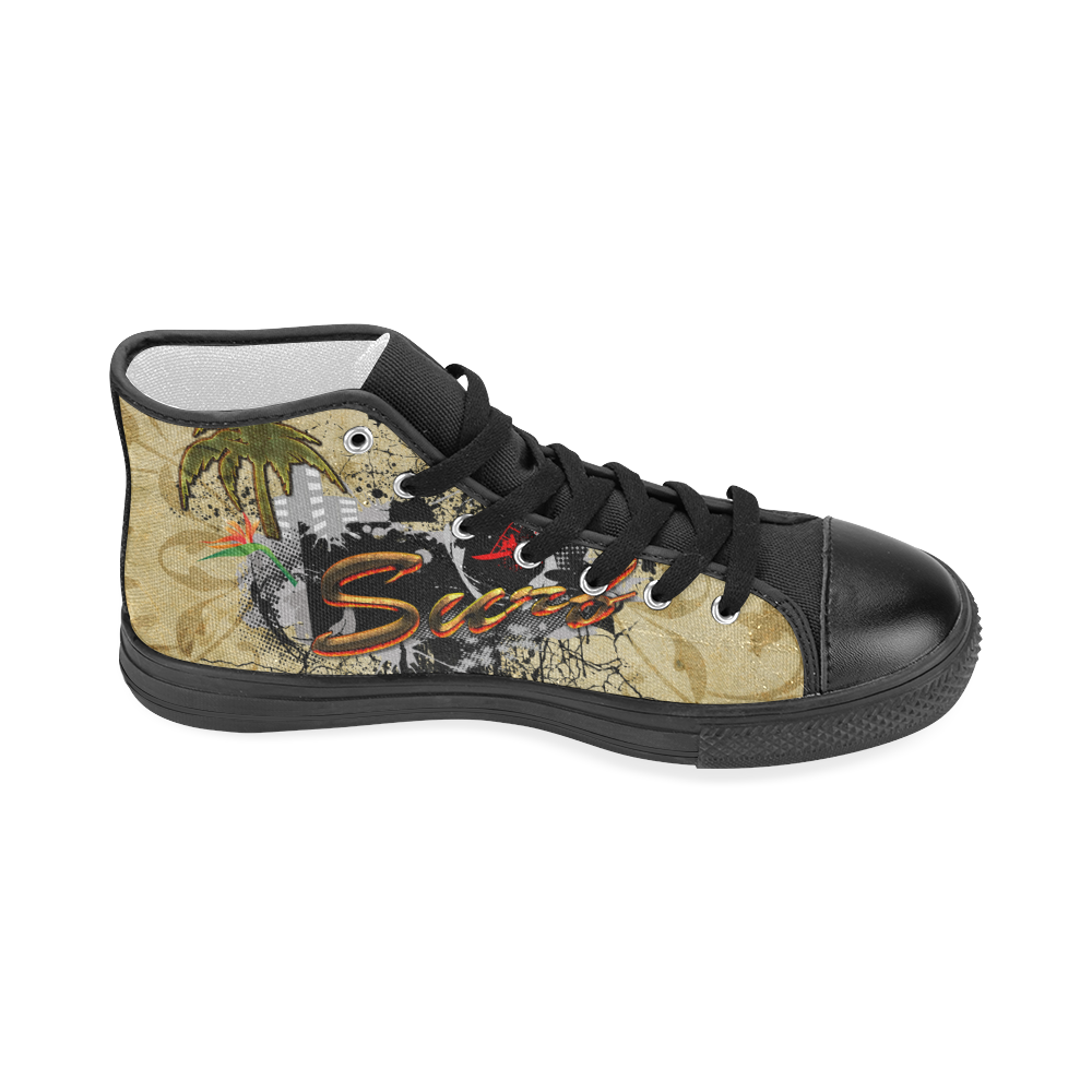 Surfing, surfdesign with surfboard and palm Women's Classic High Top Canvas Shoes (Model 017)