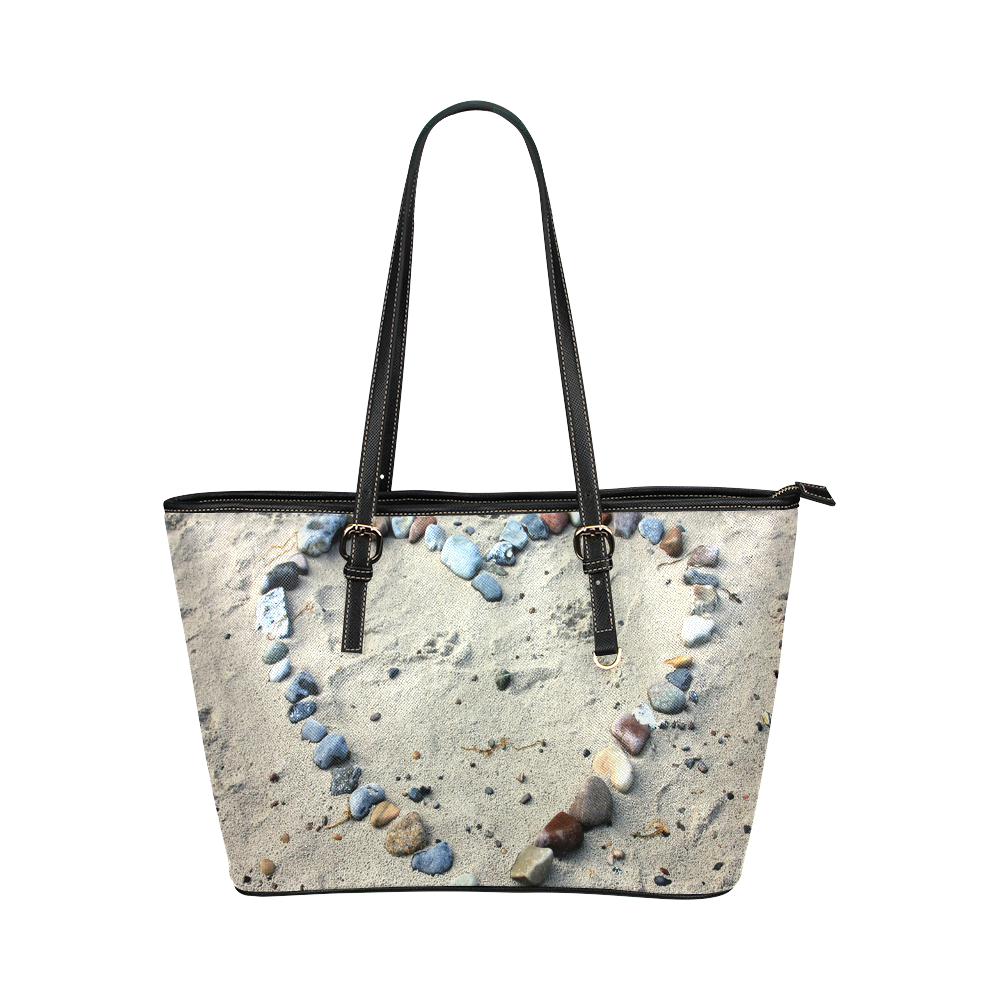 Beach Heart Stones Leather Tote Bag/Large (Model 1651)