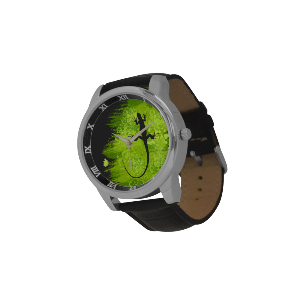 Green Lizard Shape Painting Your Background Men's Leather Strap Large Dial Watch(Model 213)