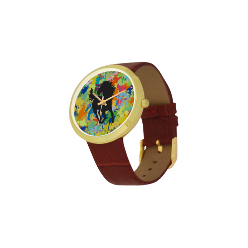 Horse Black Shape Colorful Splash Y Background Women's Golden Leather Strap Watch(Model 212)